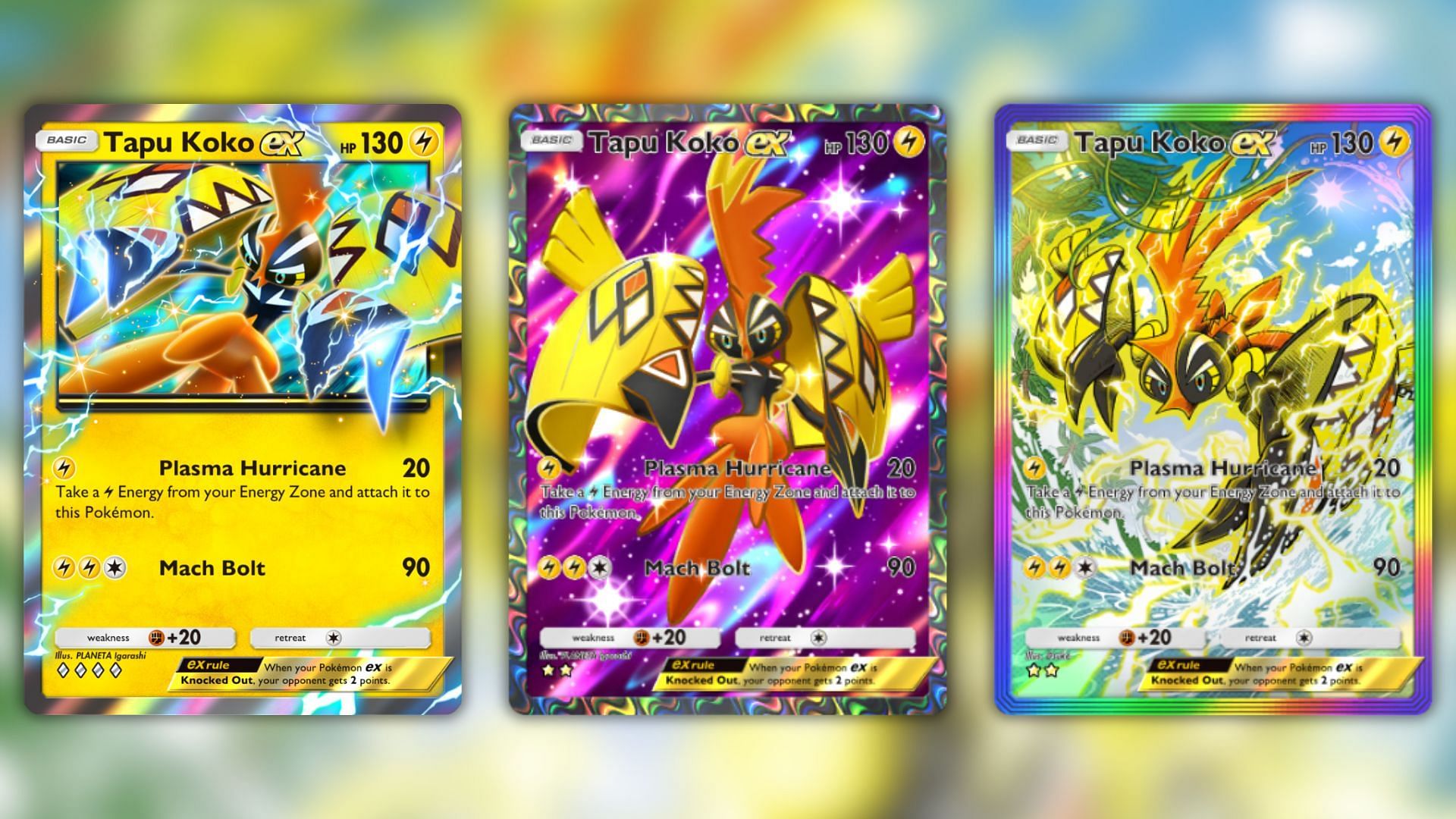 All Tapu Koko ex variants as seen in the game (Image via The Pokemon Company)